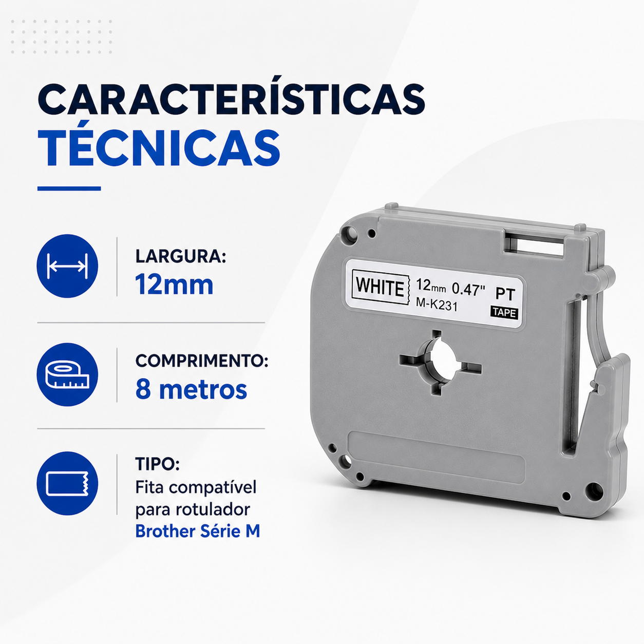 Fita Brother Compatível 12mm Mk-231 Branca Letra Preta