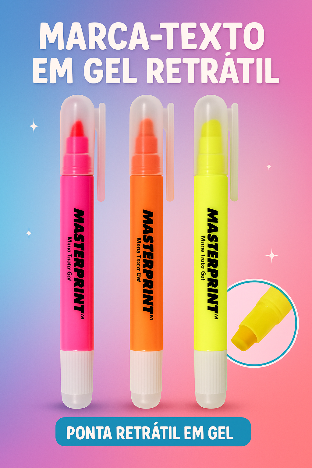 Kit 3 Canetas Marca Texto em Gel Neon Ponta Retrátil